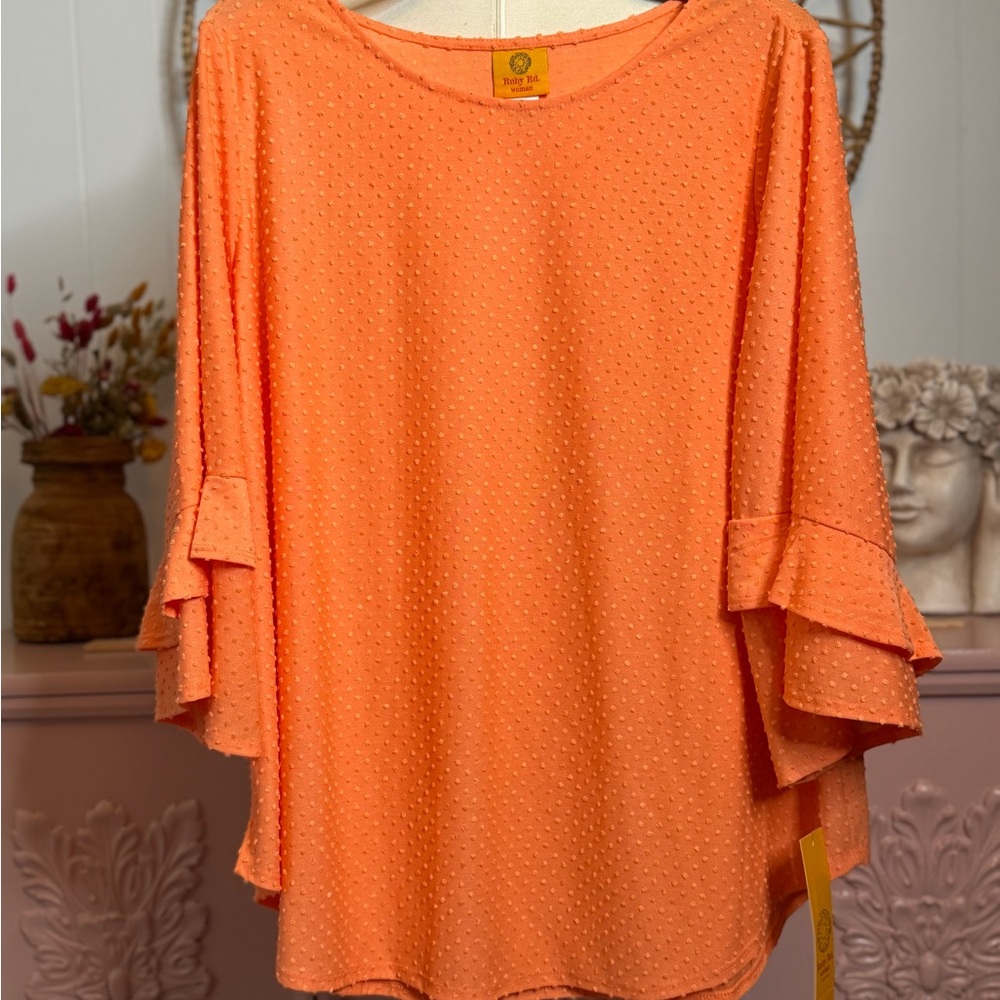 Ruby Rd 1X Orange 3/4 Bell Sleeve Blouse